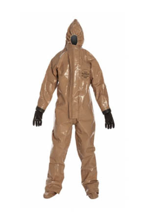 DuPont™ Tychem® Responder® CSM Coverall. Respirator Fit Hood. Attached Gloves, Butyl (mil spec.). Attached Socks with Outer Boot Flaps. Double Storm Flap with Hook & Loop Closure. Double Taped Seams. Tan.